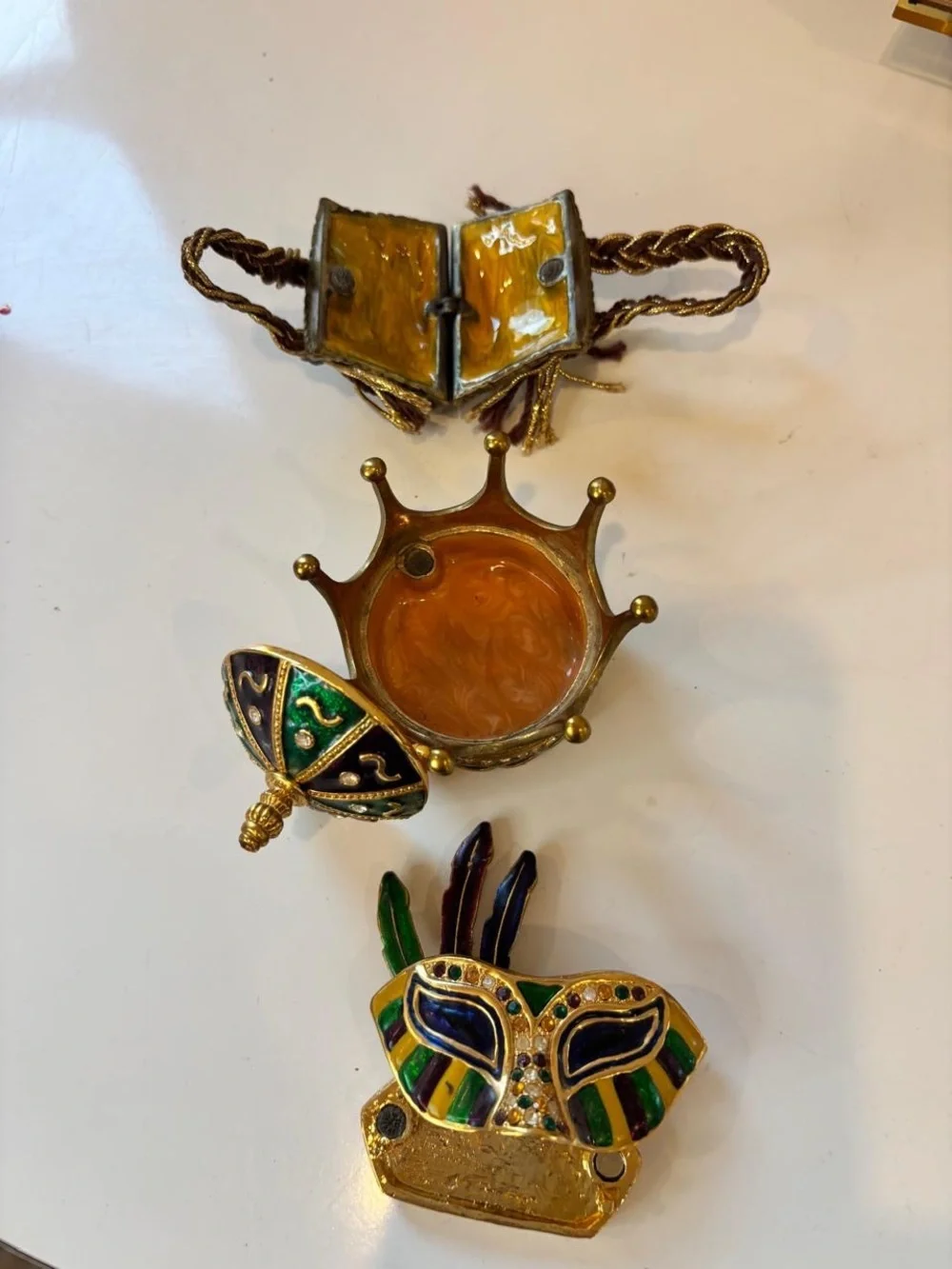 Mardi Gras Enamel Trinket Box Lot - Mask, Crown, and Woven Basket Designs